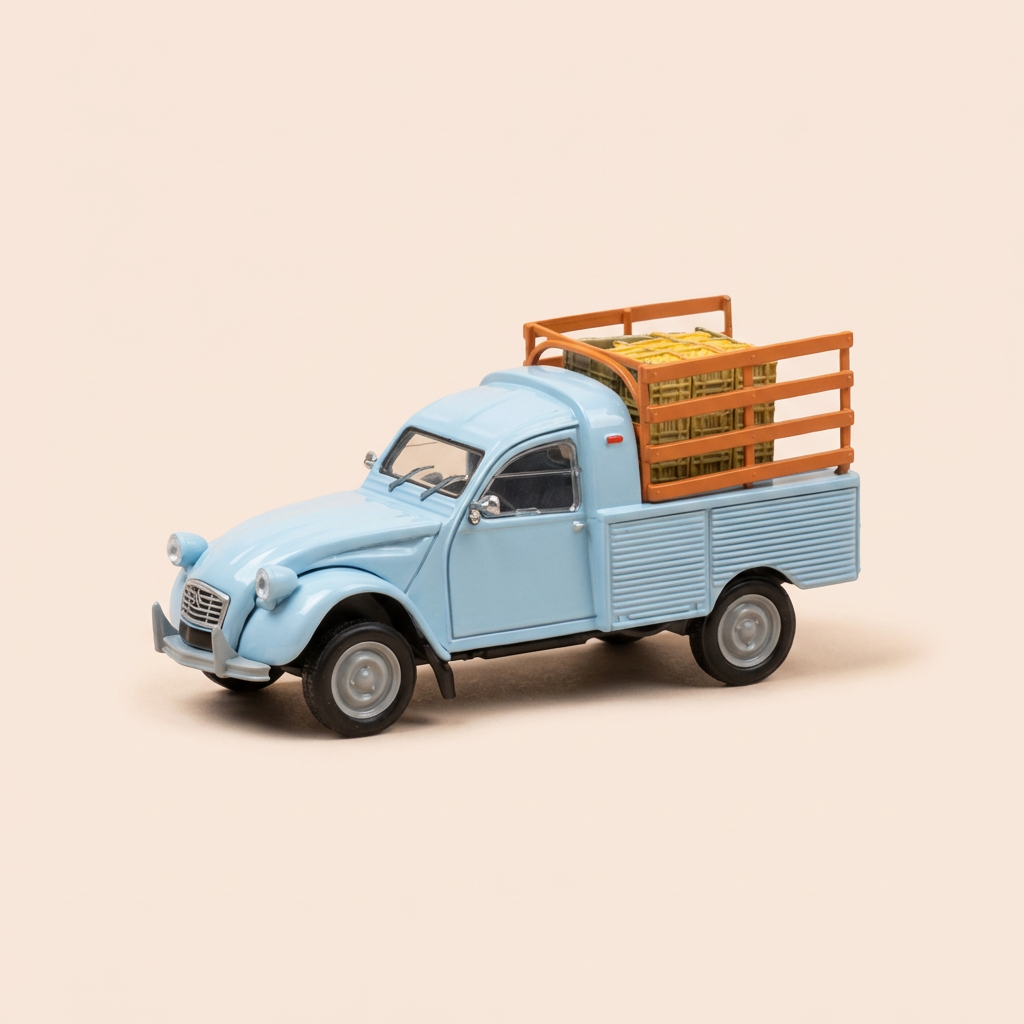 Citroën 2 CV fourgonnette plateau bleue avec ridelles marron et caisses de légumes sur le plateau - Eligor (sous blister)