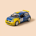 Voiture miniature - Renault Clio S1600 bleue et jaune numéro 2 - rallye d'Antibes 2004