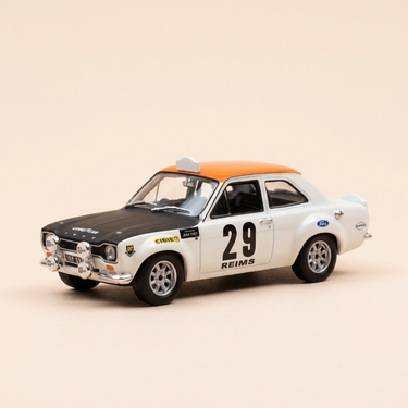 Voiture miniature - Ford Escort MK1 TC blanche, noire et orange numéro 29 - Rallye de Monté-Carlo 1969