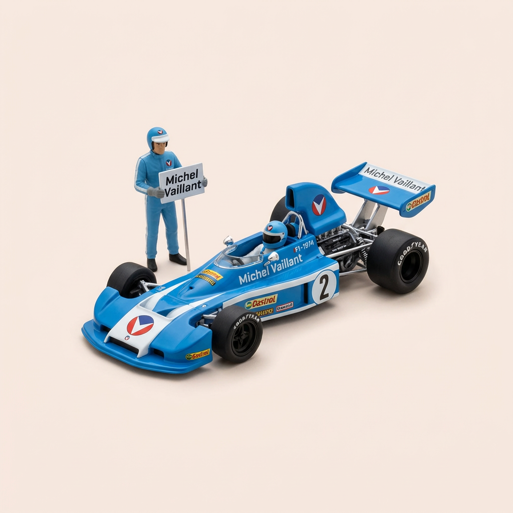 Blaue Auto 1 Vaillante F1 - 1974 (Weltmeeschters Album) - Comic Michel Vaillant