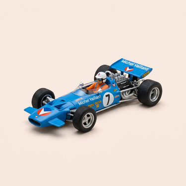 Voiture miniature - Voiture bleue numéro 12 Vaillante F1-1970 (Album de l'huile sur la piste) - Bande Dessinée Michel Vaillant