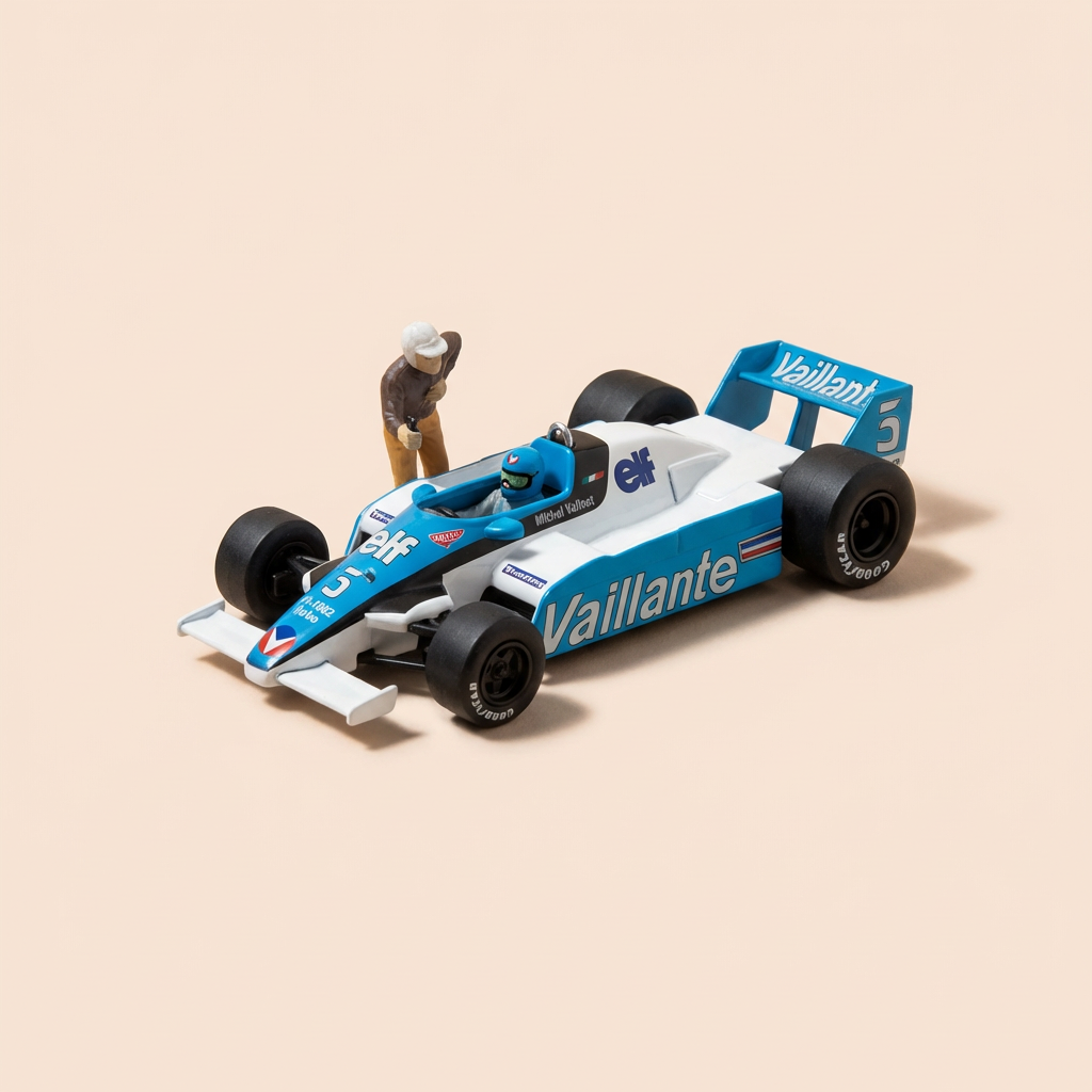 Voiture blanche et bleue numéro 3 (ou 5) Vaillante F1-1982 Turbo (Album 300 à l'heure dans Paris) - Bande Dessinée Michel Vaillant