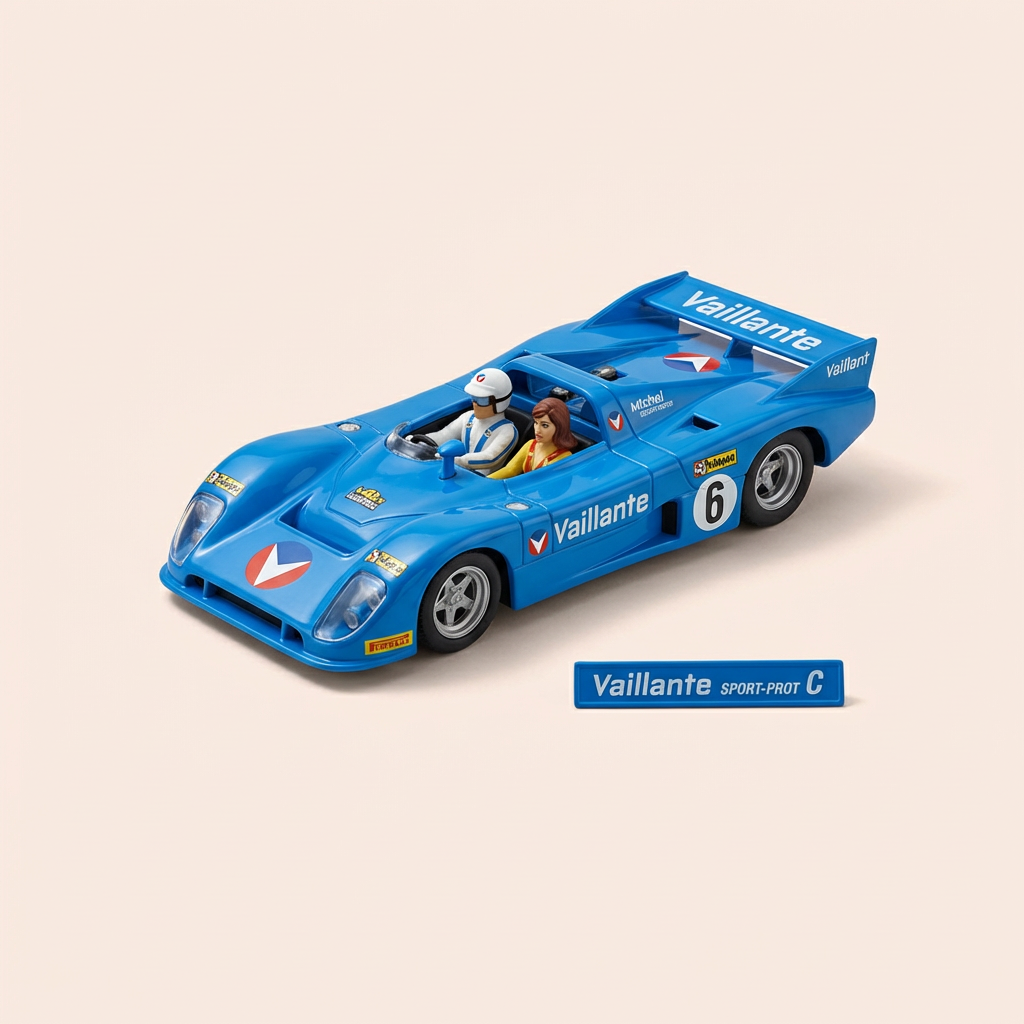 Voiture miniature - Voiture bleue et blanche numéro 14 Vaillante Sport-Proto (Album Concerto pour pilotes) - Bande Dessinée Michel Vaillant