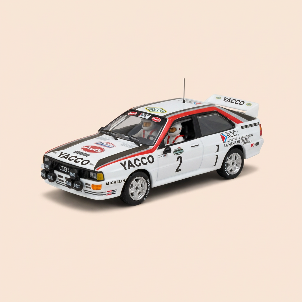 Audi Quatro biała, czerwona i czarna numer 2 - Rallye Lyon - Charbonnières 1984