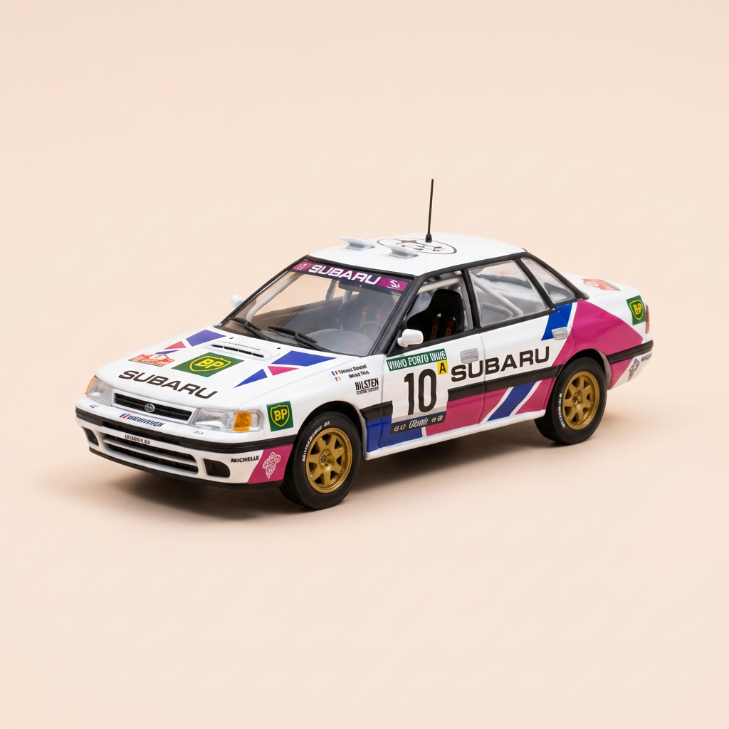 Subaru Legacy RS w kolorach białym, niebieskim i czerwonym numer 10 - Rajd Portugalii 1991