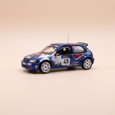 Voiture miniature - Citroën Saxo Kit Car bleue, blanche et rouge numéro 49 - Tour de Corse 1999