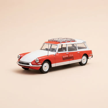 Voiture miniature - Citroën ID 19 break blanche et rouge avec galerie RADIO TELE LUXEMBOURG - RTL (sous blister)