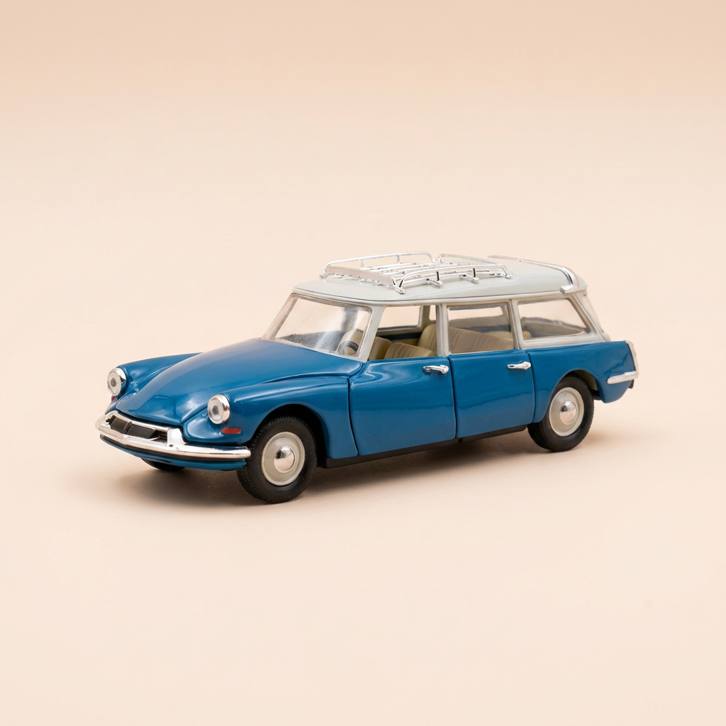 Voiture miniature - Citroën ID 19 break bleue et toit blanc avec galerie de 1958 - RIO (boite plexi)