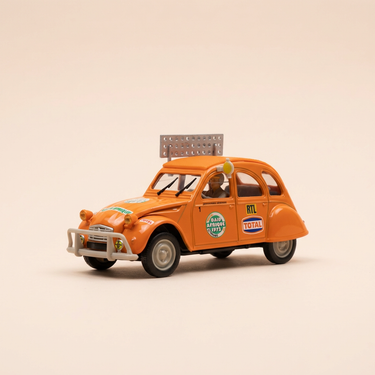 Voiture miniature - Citroën 2 CV 6 orange RAID AFRIQUE 1973 - Norev (sous blister)