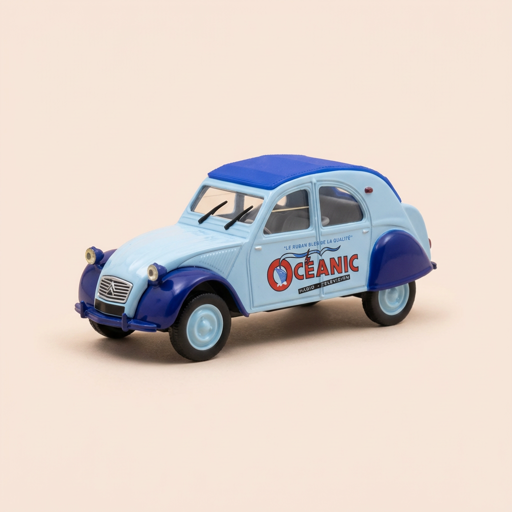 Citroën 2 CV AZ bleue et bleue avec publicité OCEANIC radio - télévision - Norev (sous blister)