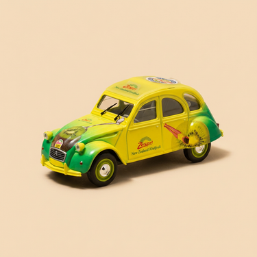 Voiture miniature - Citroën 2 CV 6 jaune et verte ZESPRI (Kiwi de Nouvelle-Zélande) - Norev (sous blister)