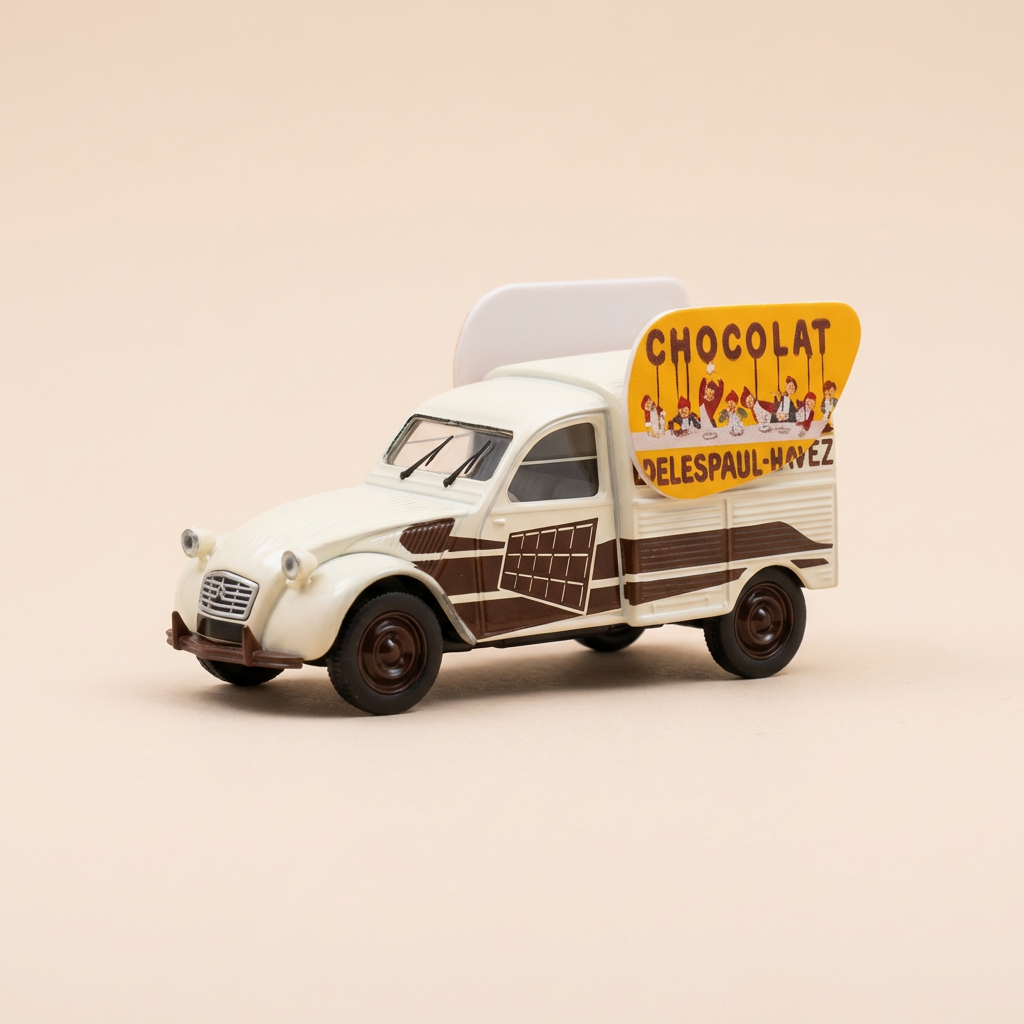 Citroën 2 CV AZU beige und braune Lieferwagen mit Werbung für DELESPAUL-HAVEZ Schokolade - Norev (im Blister)