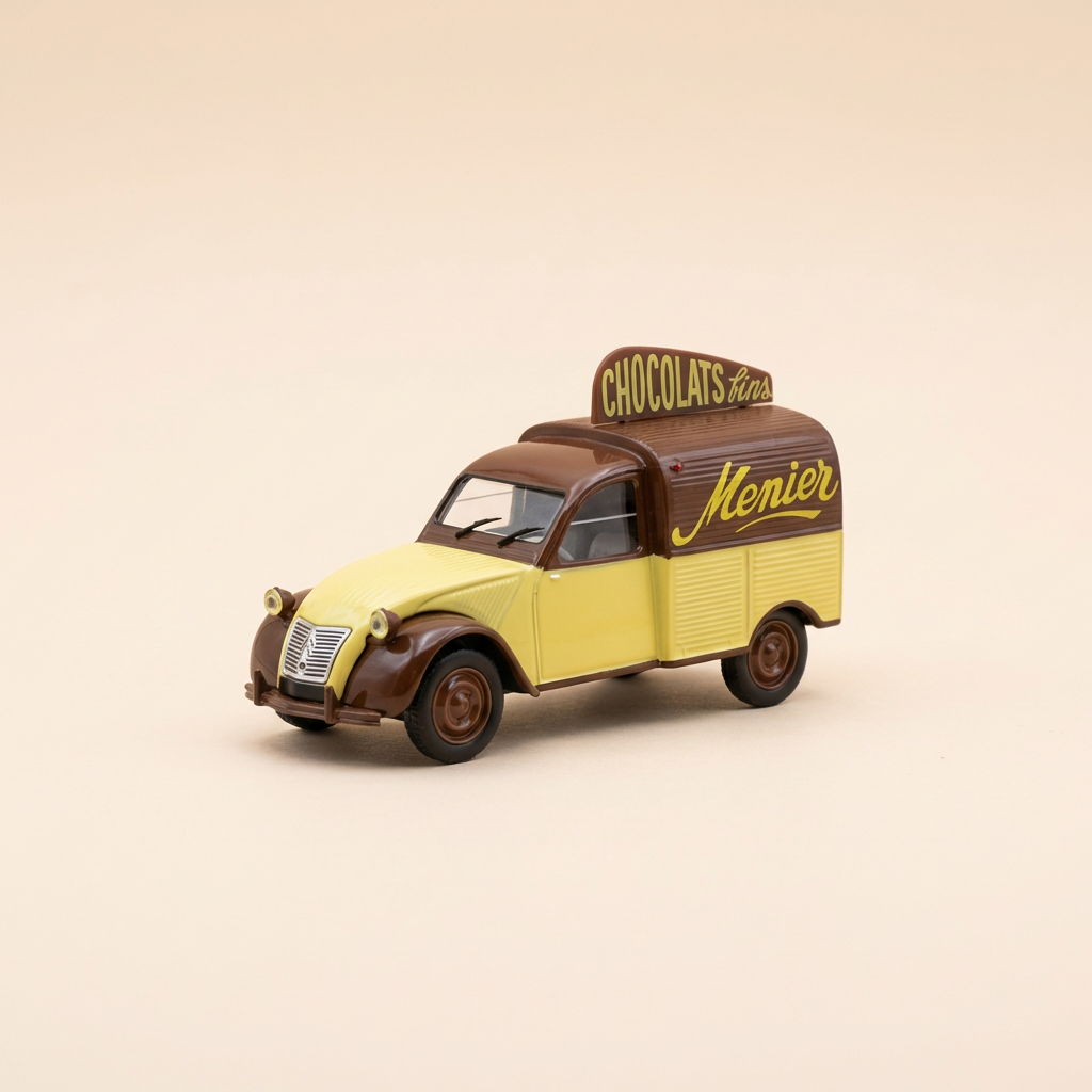 Citroën 2 CV AU furgonetta gialla e marrone con pubblicità per i cioccolati MENIER - Norev (in blister)