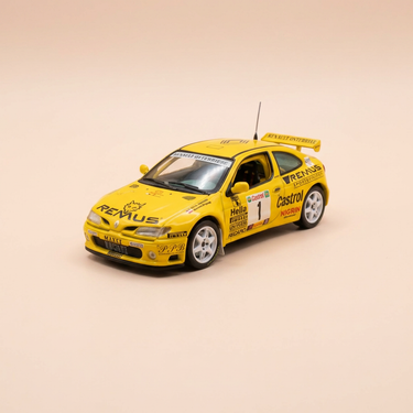 Voiture miniature - Renault Maxi Mégane jaune numéro 1 - rallye de Krappfeld de 1996 - Vitesse (boite carrée)
