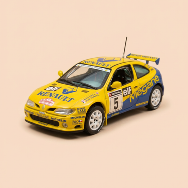 Voiture miniature - Renault Maxi Mégane jaune et bleu numéro 5 - rallye de Grande-Bretagne de 1996 - VITESSE (boite carrée)