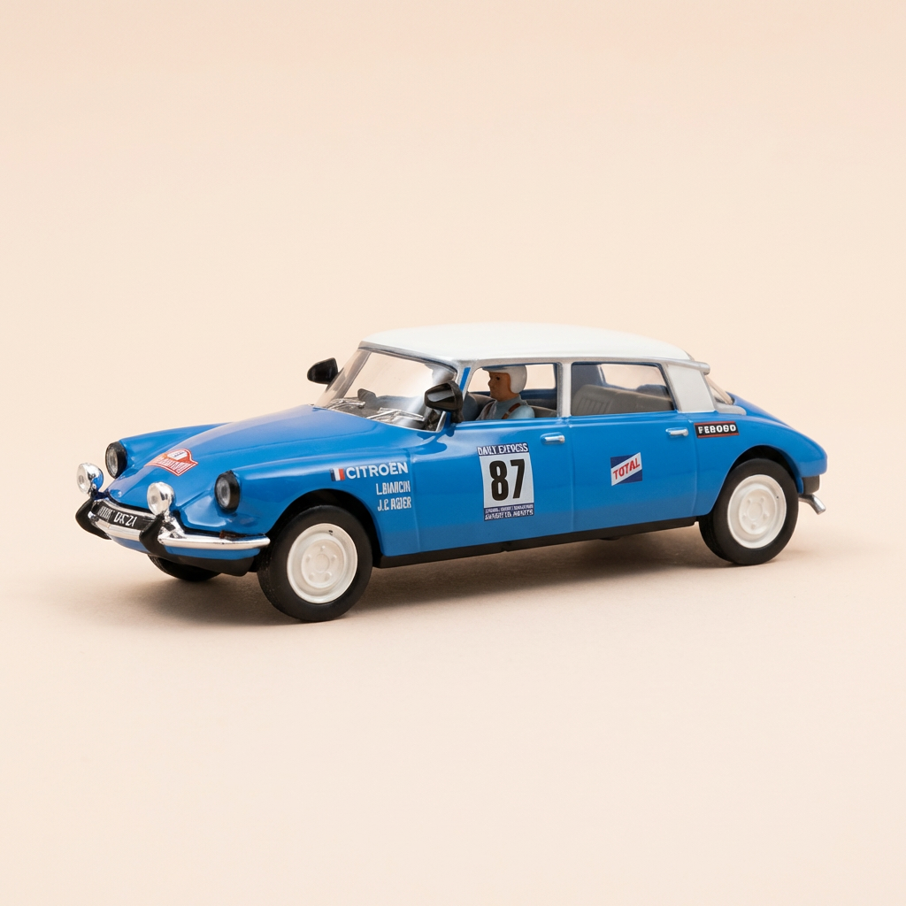 Citroën DS 21 bleue et toit blanc cassé numéro 87 - Marathon Londres-Sydney de 1968