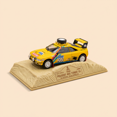 Voiture miniature - Peugeot 405 turbo 16 jaune numéro 203 - Paris-Dakar 1990 (12ème édition)