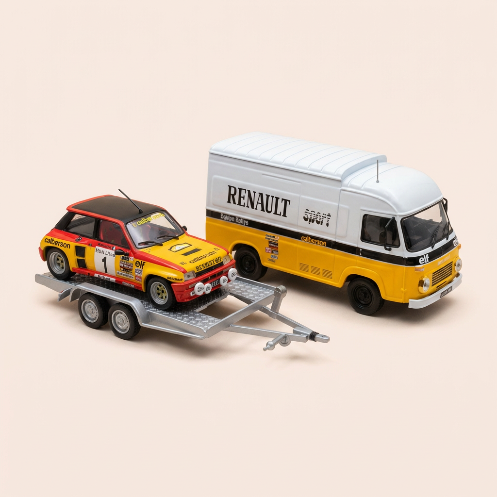 Zestaw RENAULT SPORT z 1 żółtym i białym ciężarówką Saviem, 1 Renault 5 Turbo w kolorze pomarańczowym, czerwonym i czarnym oraz 1 przyczepą - IXO