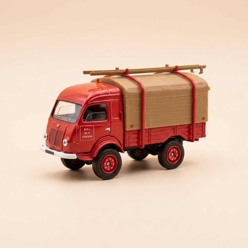 Voiture miniature - Renault Goelette rouge et bâche marrin POMPIERS  (S.D.I. de la Creuse) - Solido référence 150079 00