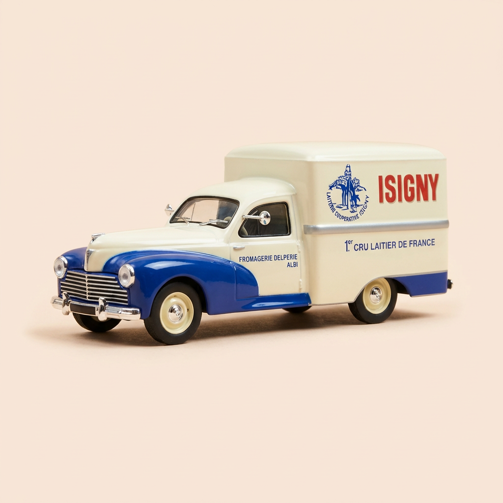 Peugeot 203 U8 beżowy (kremowy) i niebieski z 1953 roku z reklamą ISIGNY
