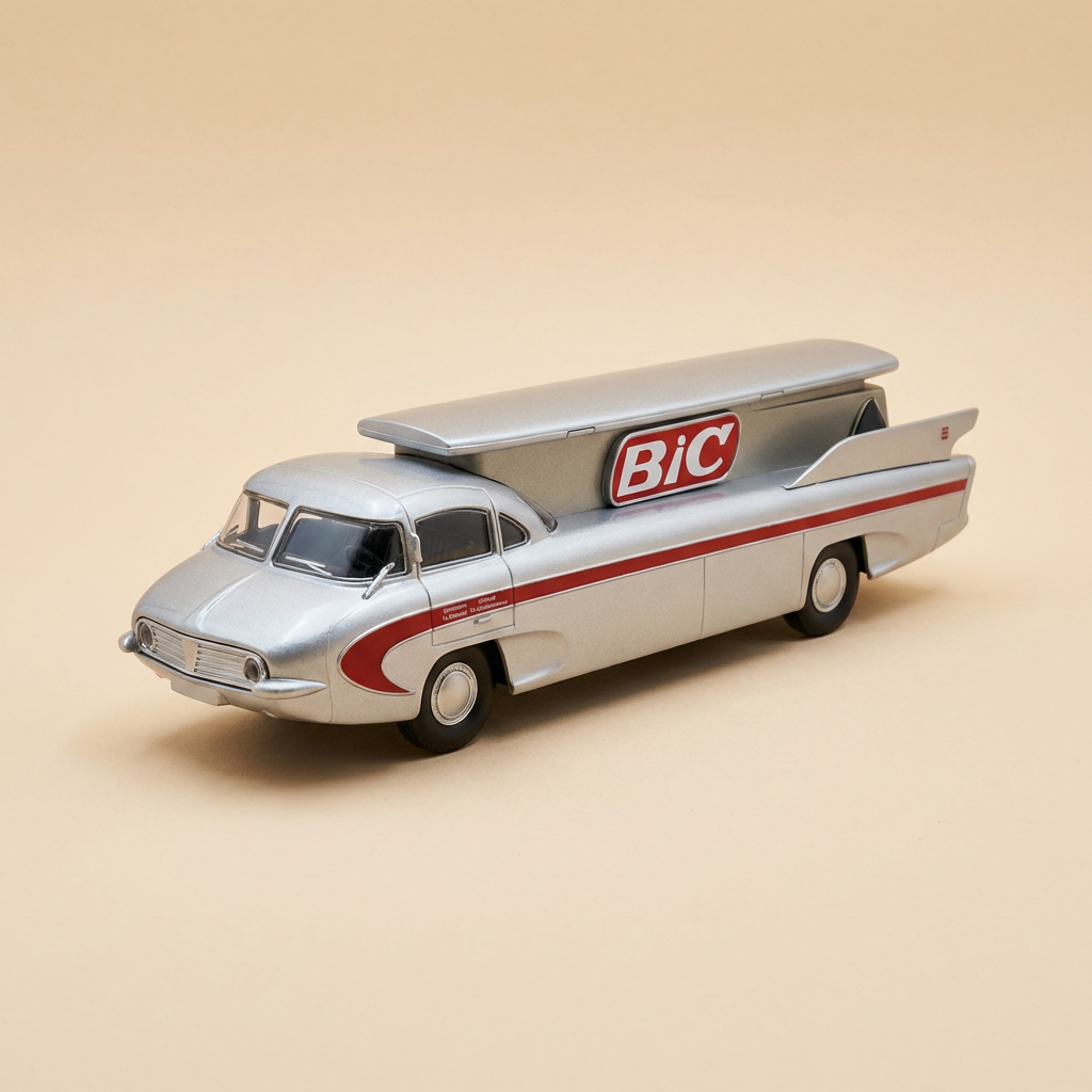 Camionete Citroën U55 cinza do Tour de France com a publicidade BIC (camionete a caneta foguete)