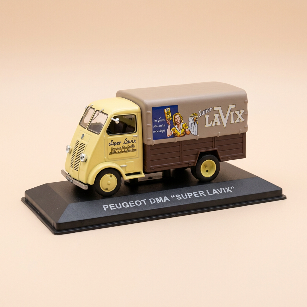 Peugeot DMA beige e marrone con pubblicità del detergente Super LAVIX