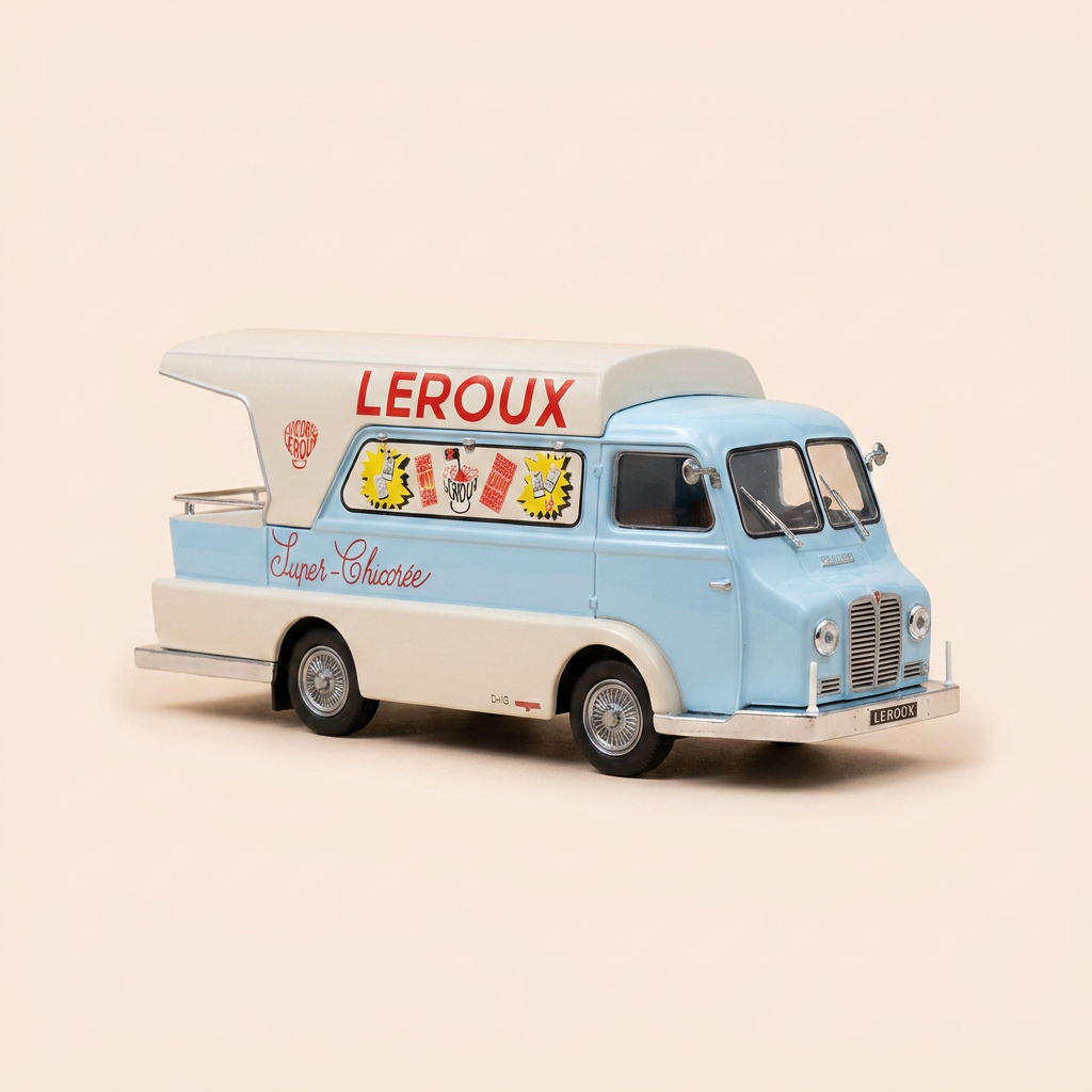 Peugeot D4A blue and white with Chicorée LEROUX advertising - promotional vehicle of the Tour de France