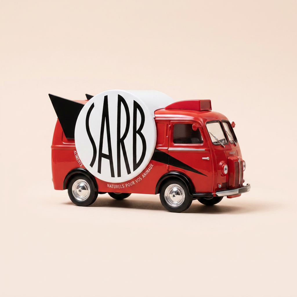 Peugeot D4A red with SARB advertising (pet food) - advertising vehicle of the Tour de France