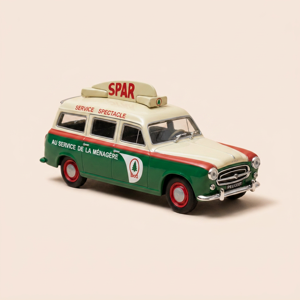 Peugeot 403 green and beige break with SPAR advertising - promotional vehicle of the Tour de France