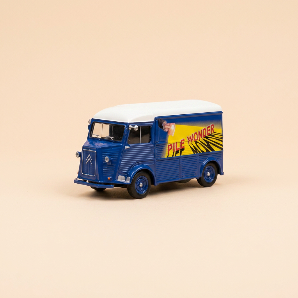 Citroën type H (HY) blue and white roof with WONDER batteries advertising