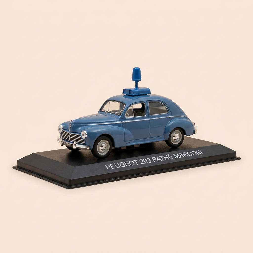 Peugeot 203 station wagon blue with Pathé Marconi radio advertisement