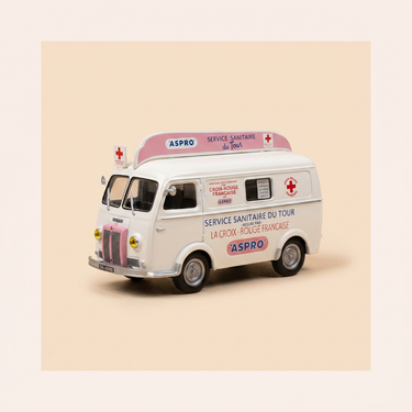 Voiture miniature - Peugeot D3A blanc et rose de la CROIX ROUGE FRANCAISE et avec publicité ASPRO