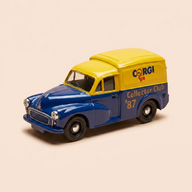 Voiture miniature - Morris Minor Van jaune et bleu avec écrit CORGI sur le van - CORGI Classics référence C957/3