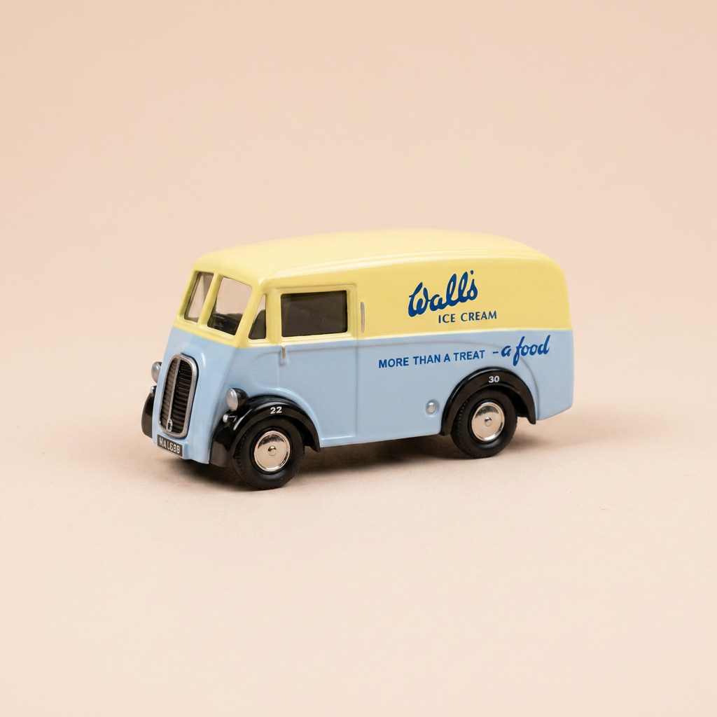 Morris J Van in Blau und Gelb mit Werbung für Walls-Eiscreme - CORGI Classic Models Referenz D983