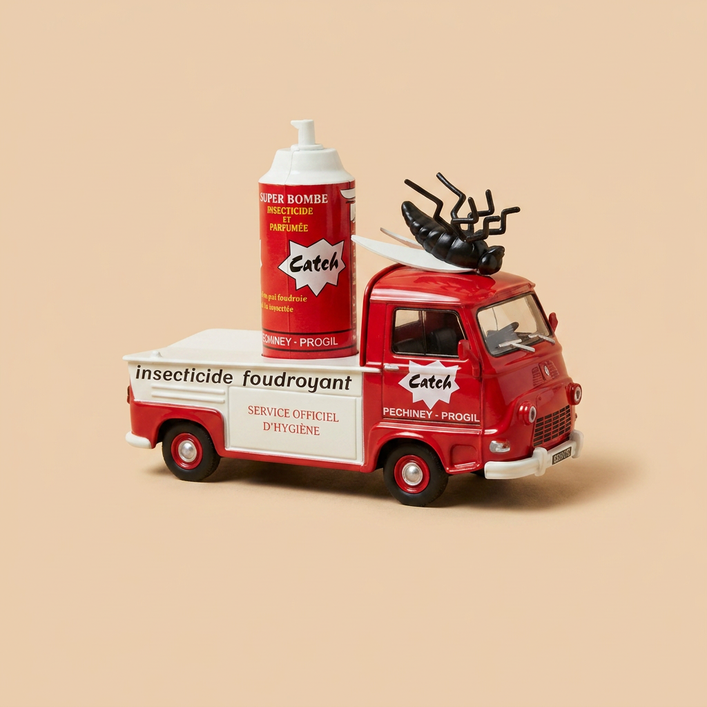 Rote und weiße Renault Estafette mit CATCH (Insektizid) Werbung