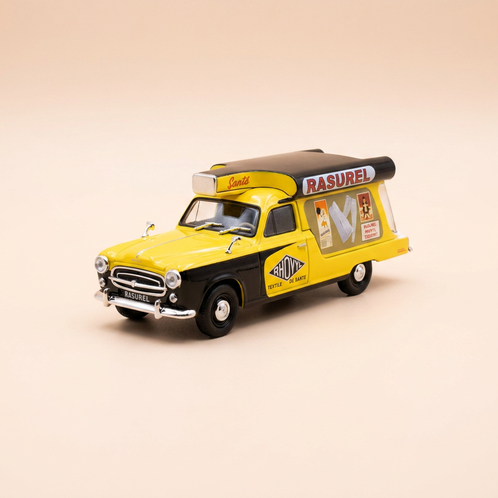 Peugeot 403 U8 żółty i czarny z reklamą RASUREL (odzież)