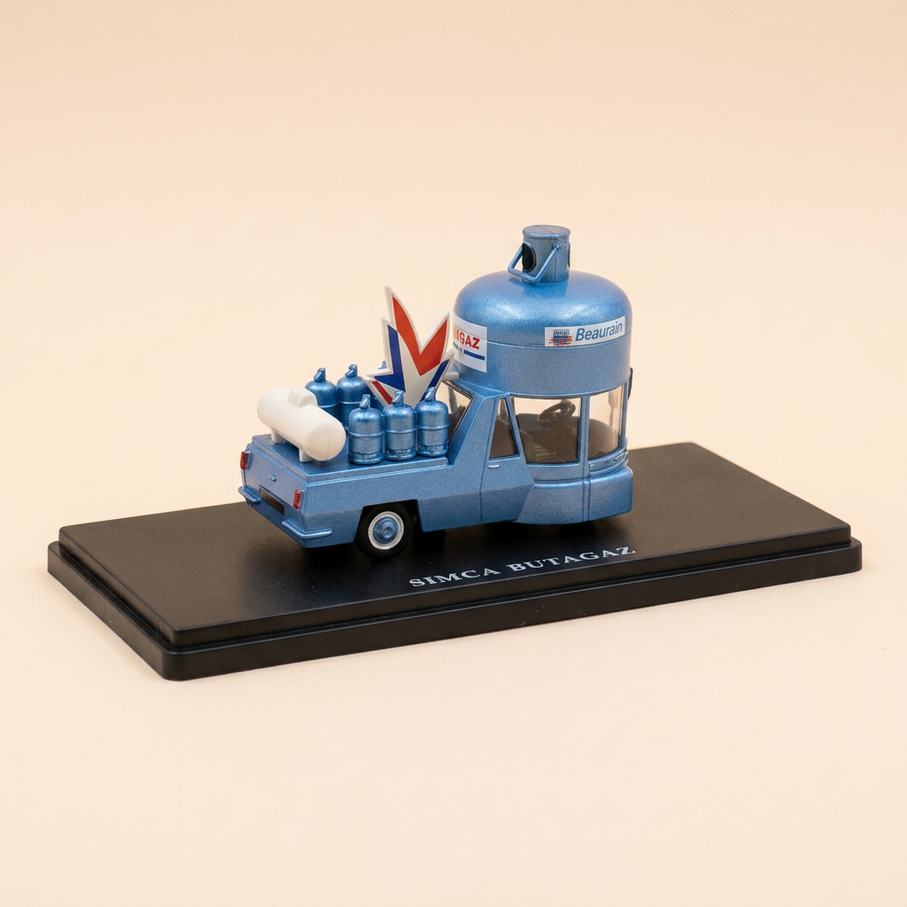 Voiture miniature - Simca bleu avec publicité BUTAGAZ (bouteilles de gaz bleues + petite citerne blanche)