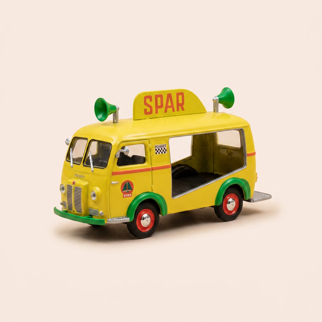 Voiture miniature - Peugeot D3A jaune et vert avec publicité SPAR