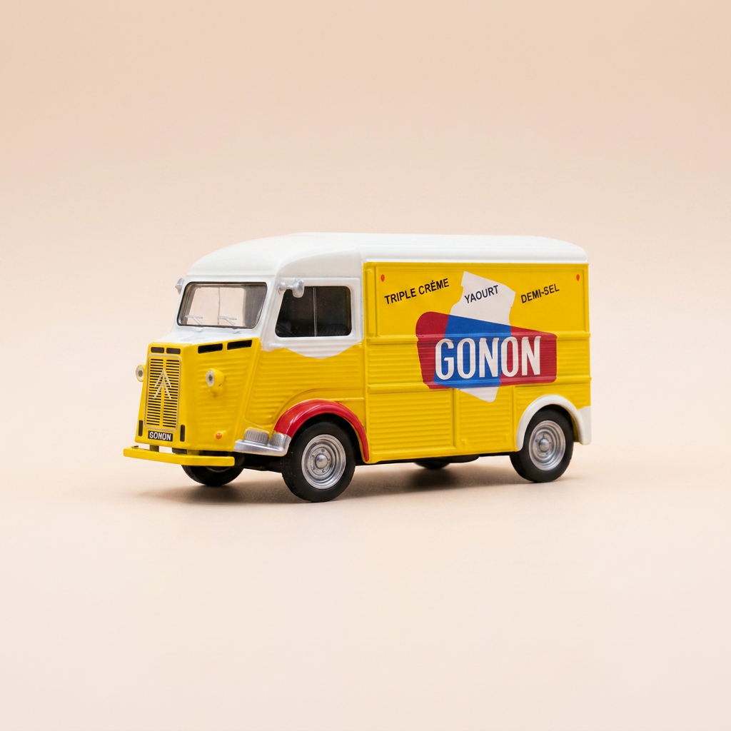 Citroën Typ H giel a wéi mat Reklamm GONON (Mëllechprodukter)