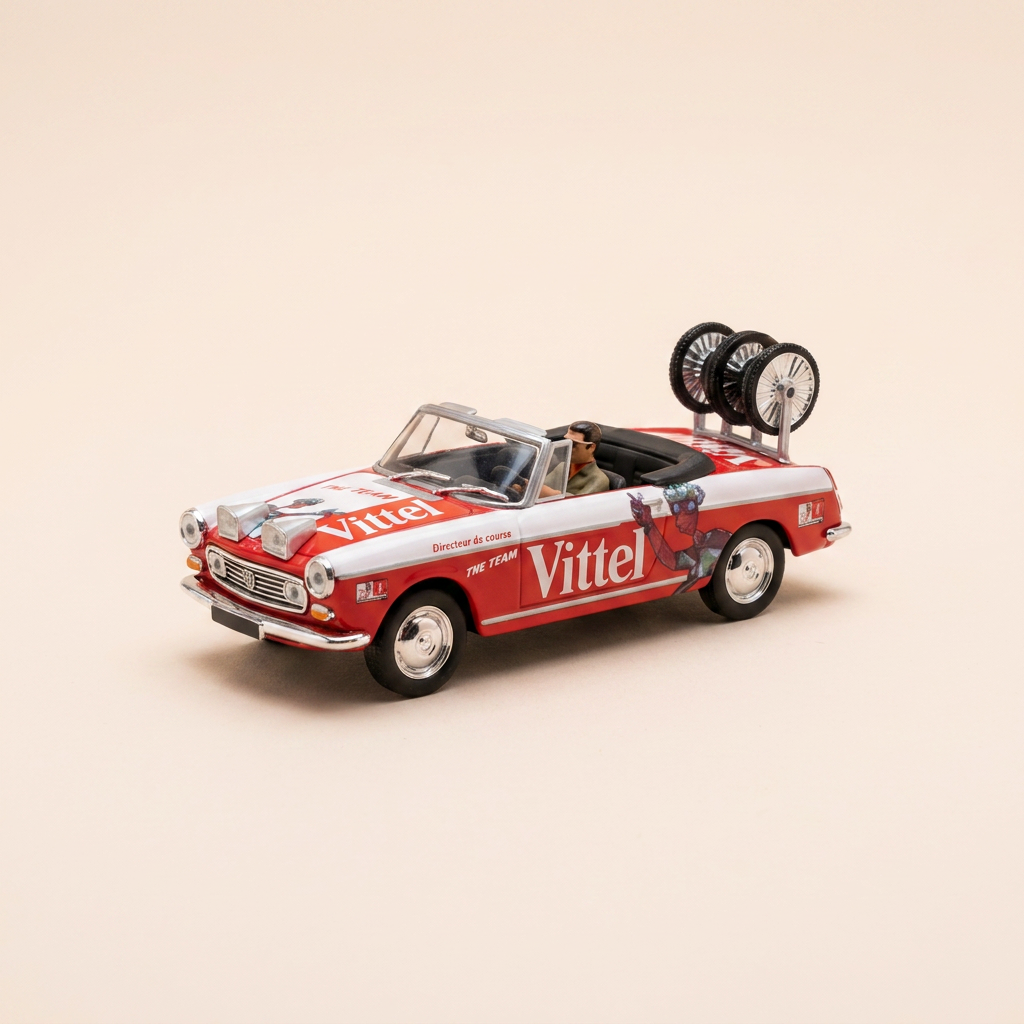 Peugeot 404 cabriolet blanche et rouge avec publicité VITTEL
