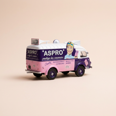 Voiture miniature - Renault 1000 Kg rose, violet et blanc avec la publicité ASPRO