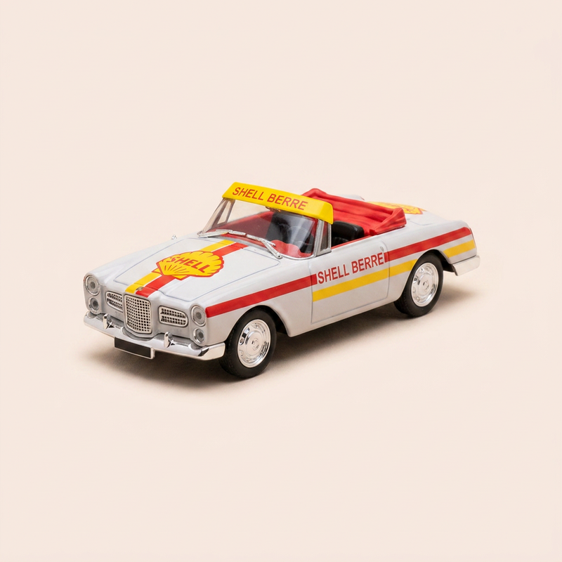 Facel Véga cabriolet grijs met gele en rode strepen met SHELL-reclame