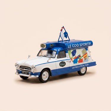 Voiture miniature - Peugeot 403 U8 bleue et blanche avec publicité LE COQ SPORTIF