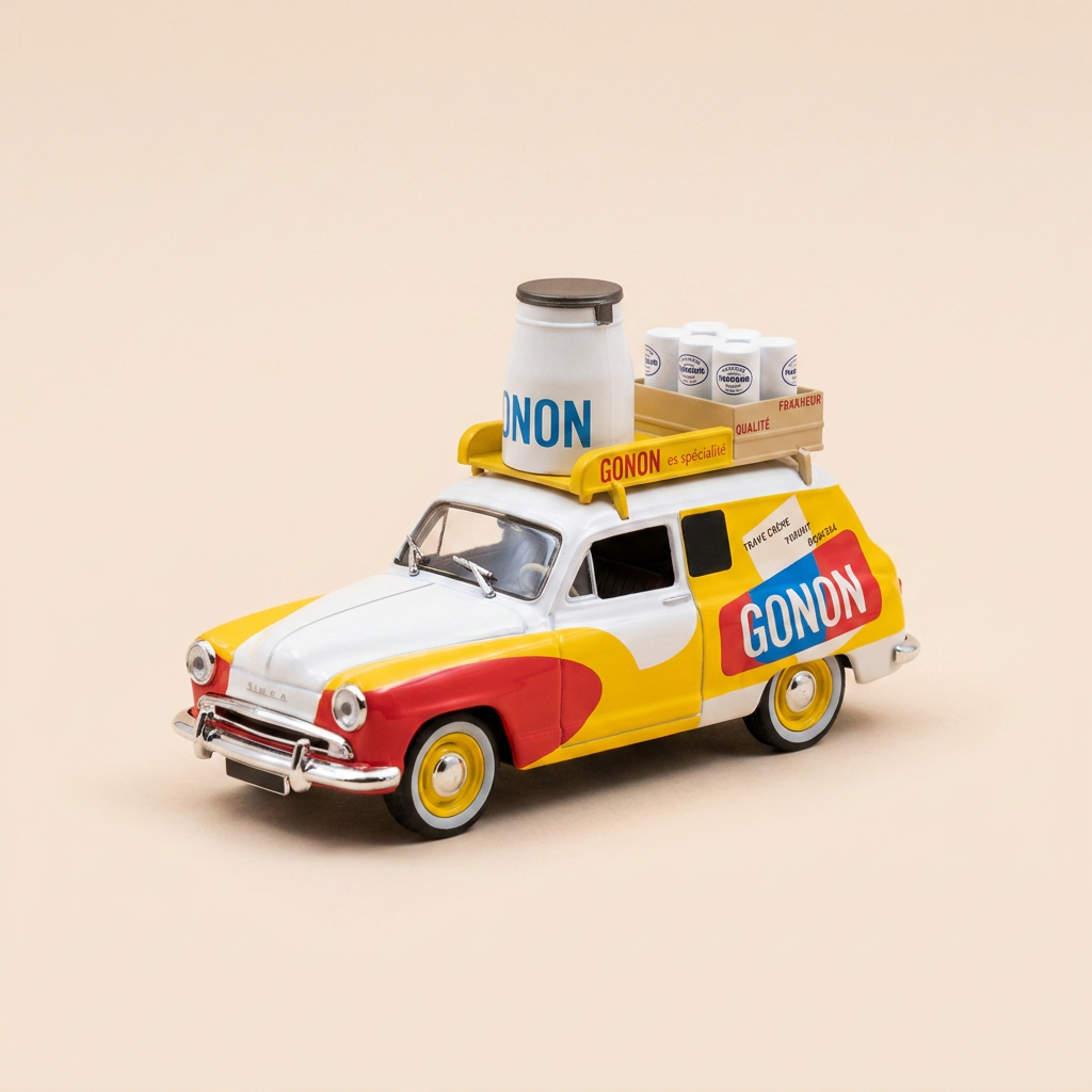 Voiture miniature - Simca Aronde commerciale jaune, rouge, blanche et bleue avec publicité GONON (produits laitiers)