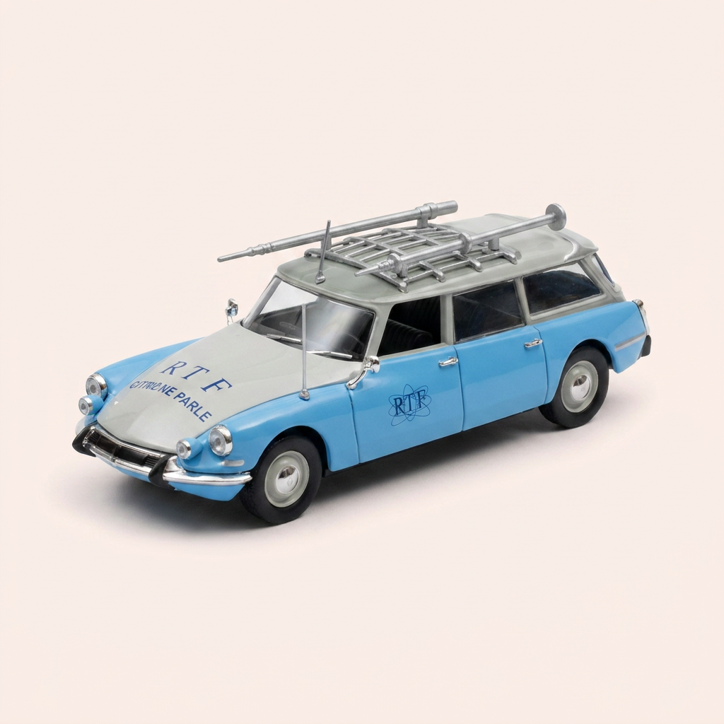 Citroën ID 19 break grise et bleue avec galerie de 1963 - avec publicité RTF (boite plexi) + boite en carton