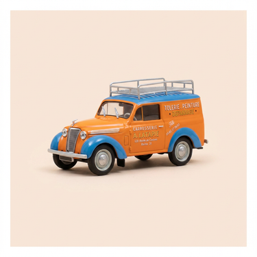 Voiture miniature - Renault Juvaquatre Dauphinoise fourgonnette bleue et orange avec publicité pour l'entreprise A. LATAPIE (Carrosserie - Tôlerie - Peinture) à Balma (31)