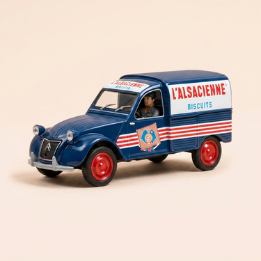 Voiture miniature - Citroën 2 CV fourgonnette bleue et blanche - Publicité sur les biscuits l'Alsacienne
