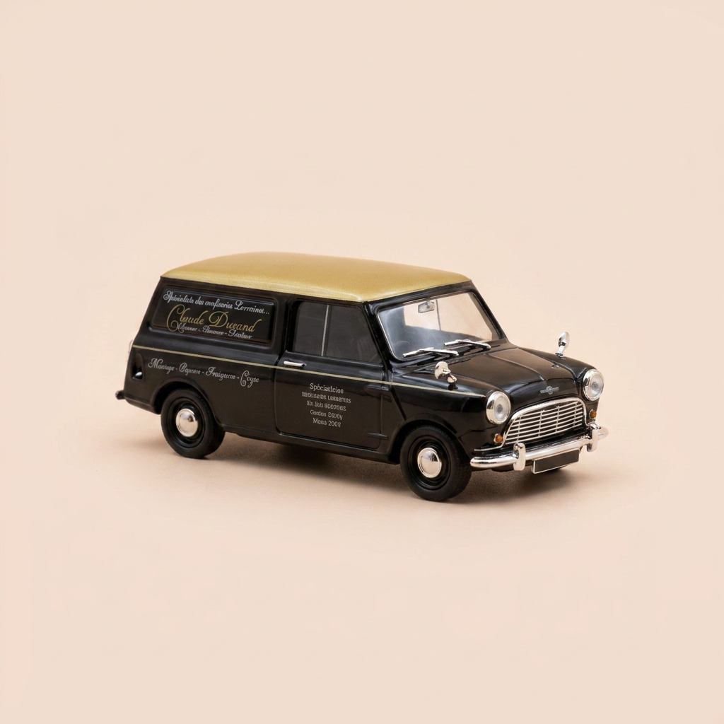 Austin 850 van noir et toit doré - Publicité pour le traiteur Claude Durand à Nancy (54)