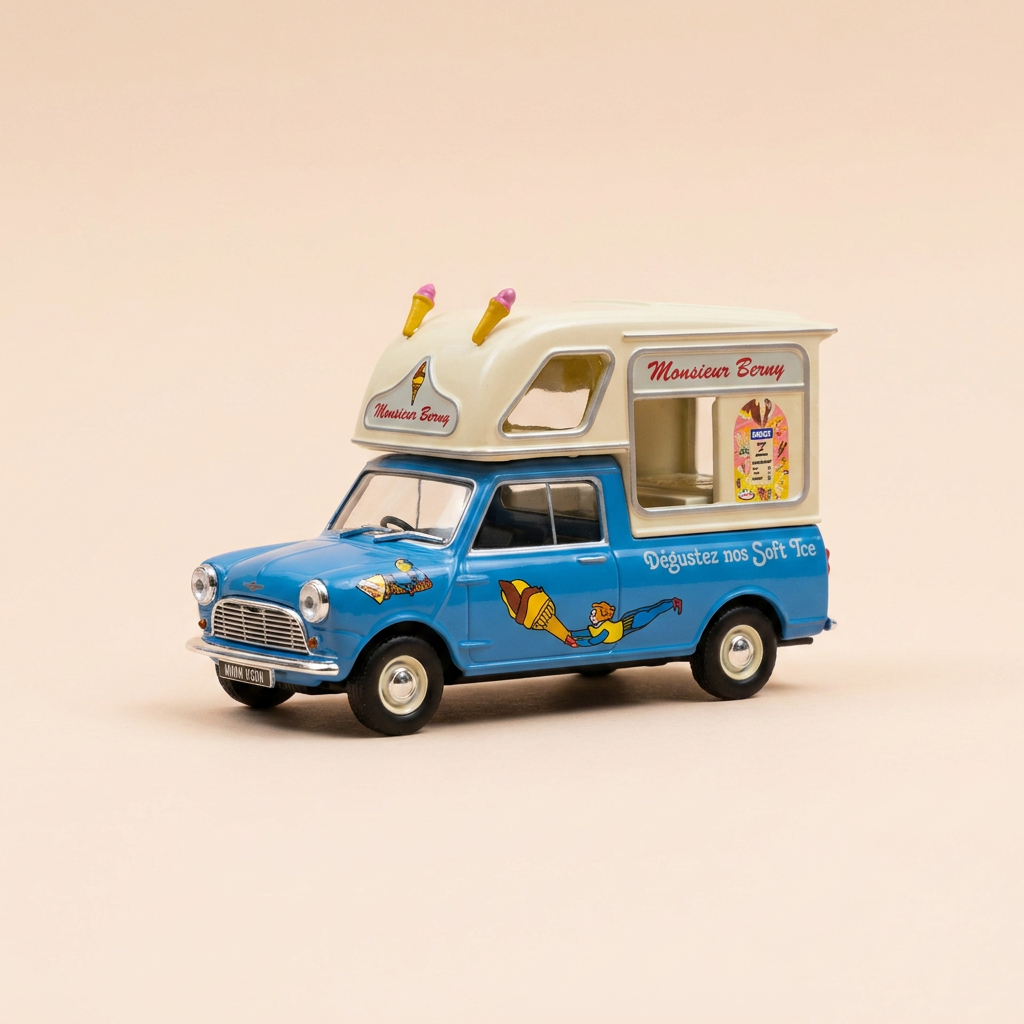 Austin mini pick-up bleu et beige "Marchand de glaces"