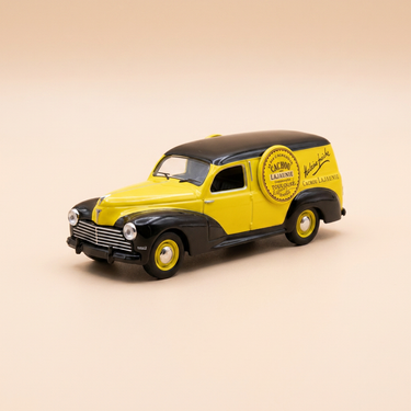 Voiture miniature - Peugeot 203 fourgonnette jaune et noire - Publicité "CACHOU LAJAUNIE"